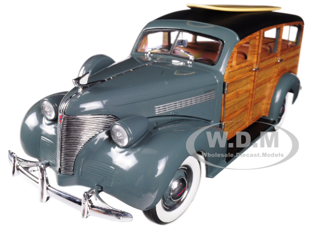 1939 Chevrolet Woody Surf Wagon Granville Gray With Surf Board And Real Wood 1/18 Diecast Model Car By Sunstar