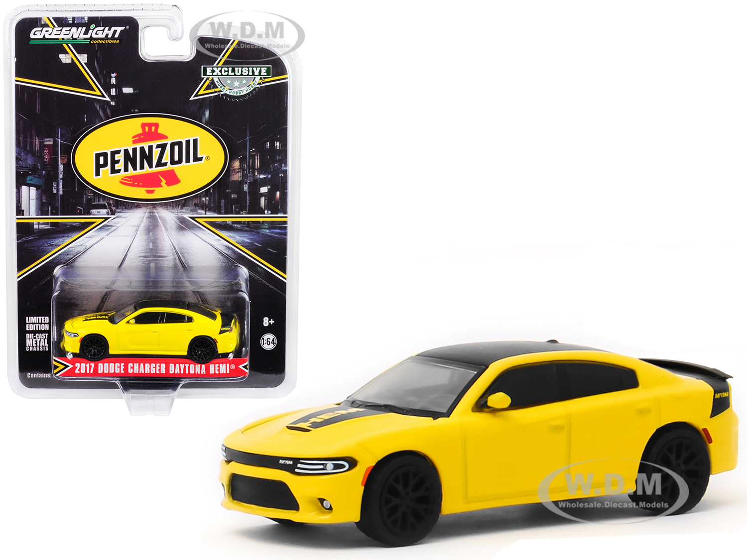 2017 Dodge Charger Daytona Hemi Yellow With Black Top "pennzoil" Advertisement Car "hobby Exclusive" 1/64 Diecast Model Car By Greenlight