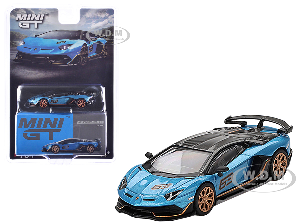 Lamborghini Aventador SVJ 63 Blu Aegir Blue Metallic with Carbon Top Limited Edition 1/64 Diecast Model Car by Mini GT