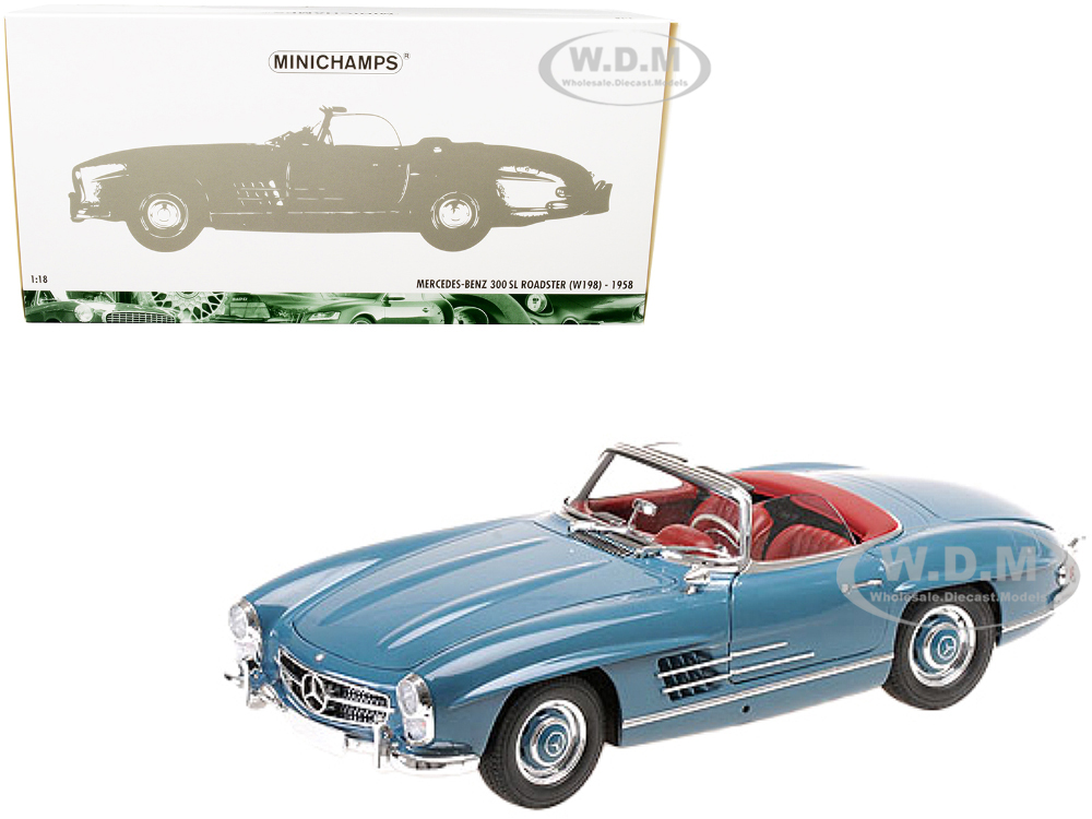 1958 Mercedes Benz 300 SL (W198) Roadster Blue with Red Interior 1/18 Diecast Model Car by Minichamps