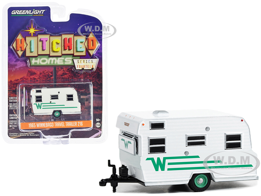 1965 Winnebago Travel Trailer 216 White with Green Stripes Hitched Homes Series 14 1/64 Diecast Model by Greenlight