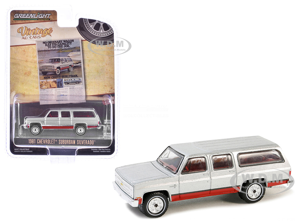 1981 Chevrolet Suburban Silver Metallic and Red Vintage Ad Cars Series 10 1/64 Diecast Model Car by Greenlight