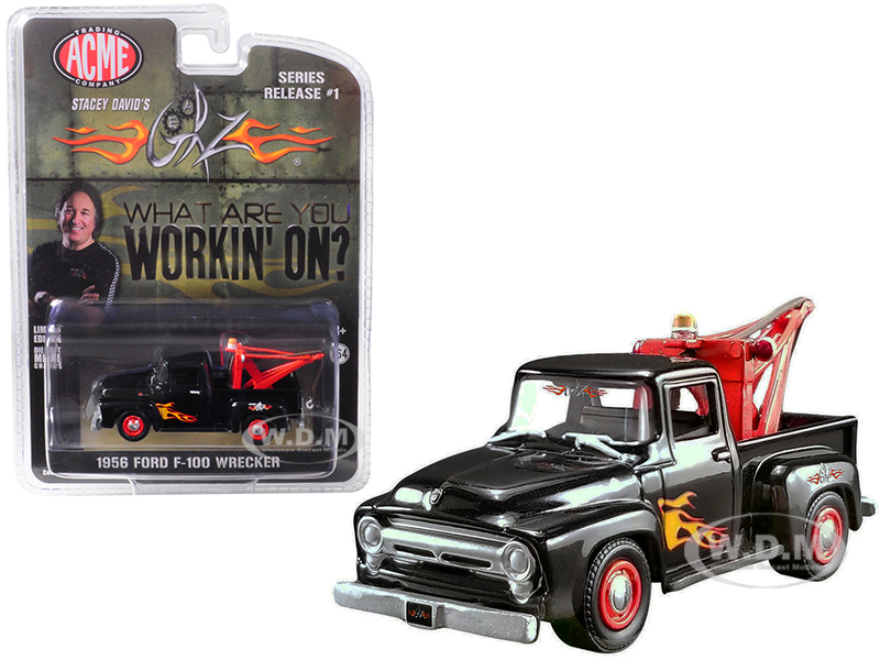 1956 Ford F-100 Wrecker Tow Truck Black With Flames (stacey Davids "gearz") "what Are You Working On" 1/64 Diecast Model Car By Greenlight For Acme