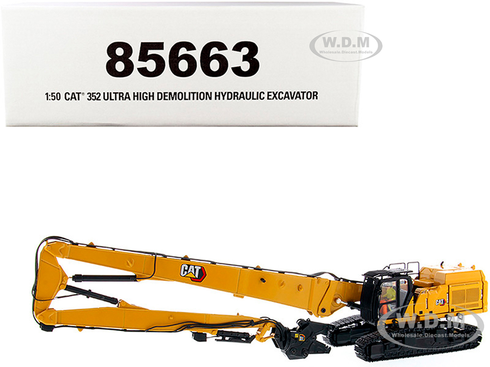 CAT Caterpillar 352 Ultra High Demolition Hydraulic Excavator with Operator and Two Interchangeable Booms "High Line Series" 1/50 Diecast Model by Di