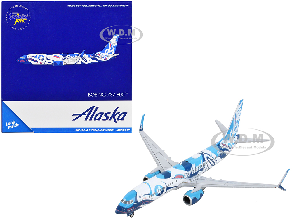 Boeing 737-800 Commercial Aircraft Alaska Airlines - Salmon People Livery Blue and White 1/400 Diecast Model Airplane by GeminiJets