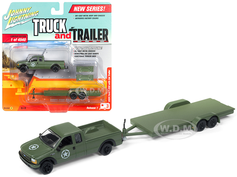 2004 Ford F-250 Army Green With Car Trailer Limited Edition To 4540 Pieces Worldwide "truck And Trailer" Series 1 1/64 Diecast Model Car By Johnny Li