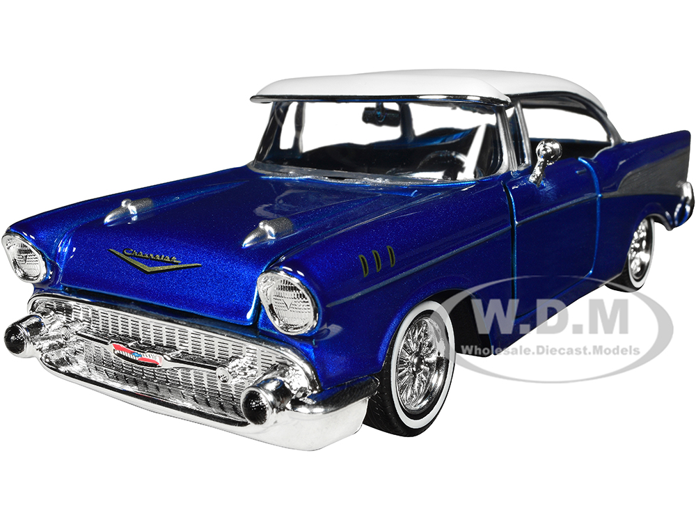 1957 Chevrolet Bel Air Lowrider Candy Blue with White Top Get Low Series 1/24 Diecast Model Car by Motormax