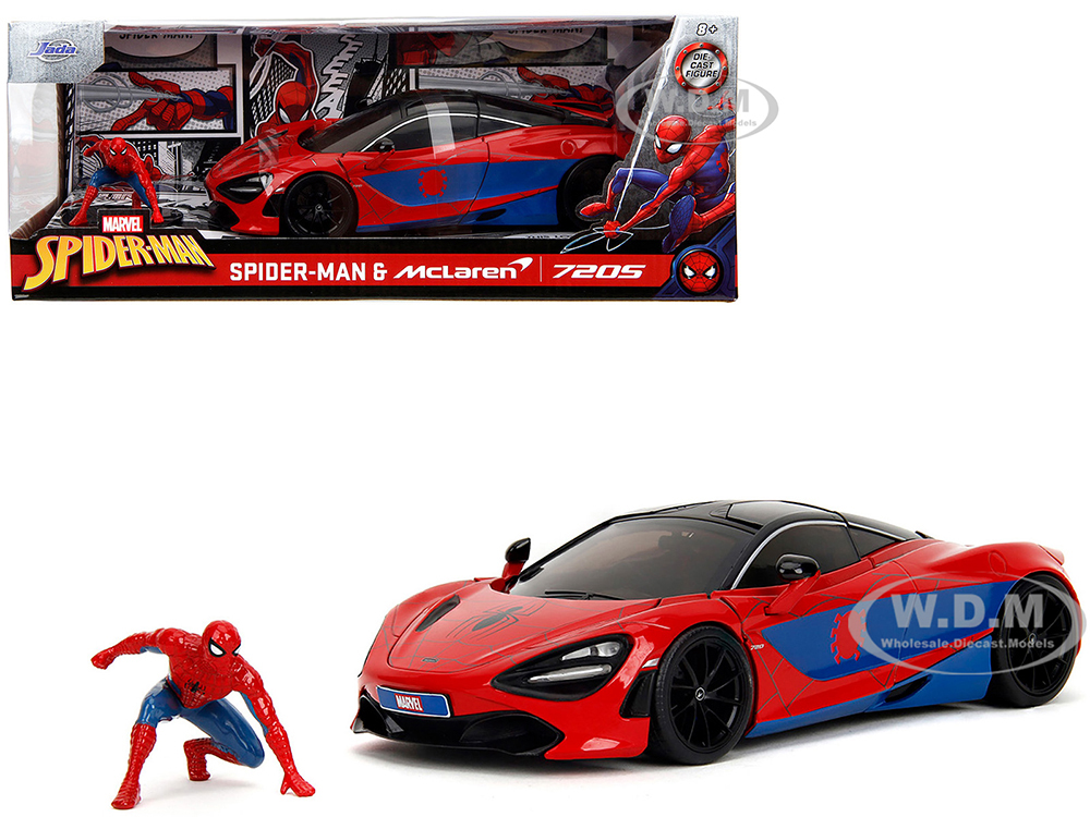 McLaren 720S Red and Blue with Black Top and Graphics and Spider-Man Diecast Figure Marvel Spider-Man Hollywood Rides Series 1/24 Diecast Model Car by Jada