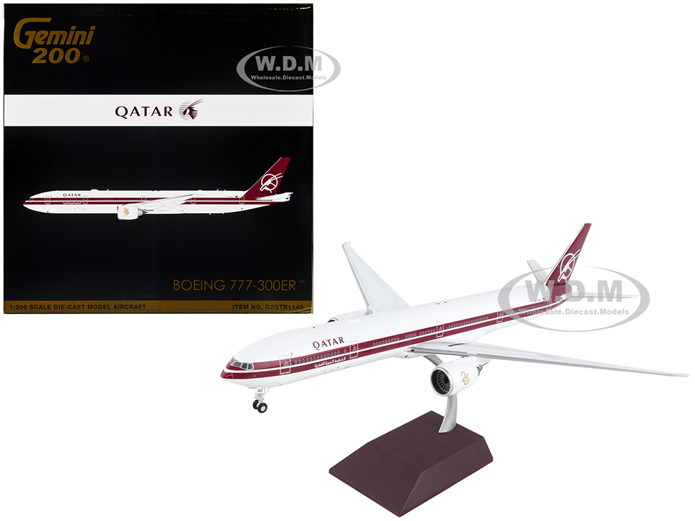 Boeing 777-300ER Commercial Aircraft "Qatar Airways" White with Dark Red Stripes "Gemini 200" Series 1/200 Diecast Model Airplane by GeminiJets