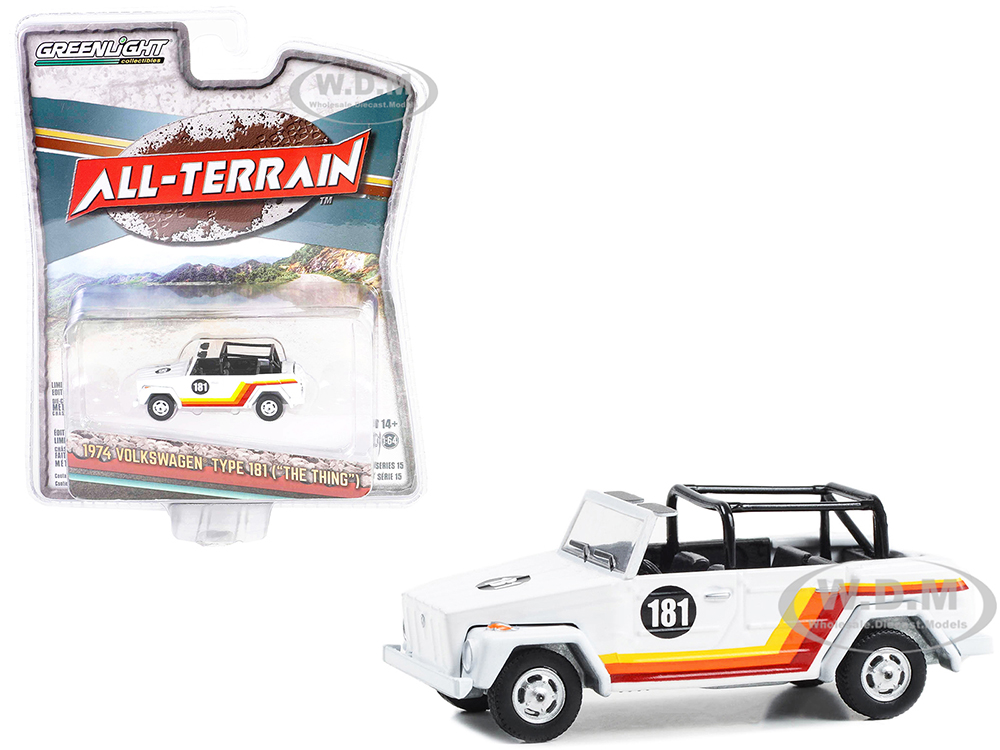 1974 Volkswagen Thing (Type 181) #181 White with Stripes All Terrain Series 15 1/64 Diecast Model Car by Greenlight