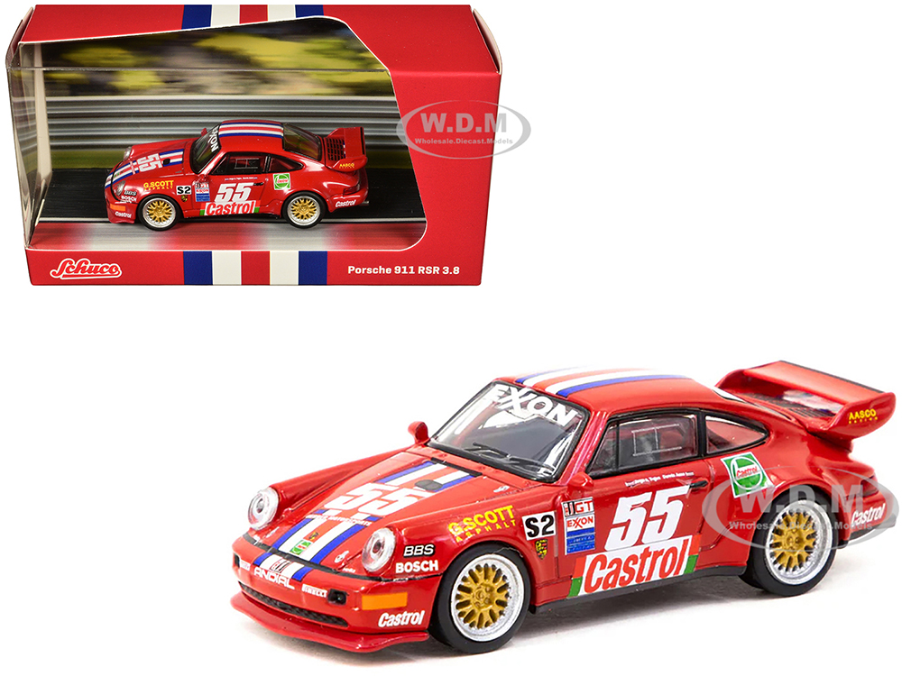 Porsche 911 RSR 3.8 #55 Red with Stripes and Graphics Collab64 Series 1/64 Diecast Model Car by Schuco &amp; Tarmac Works