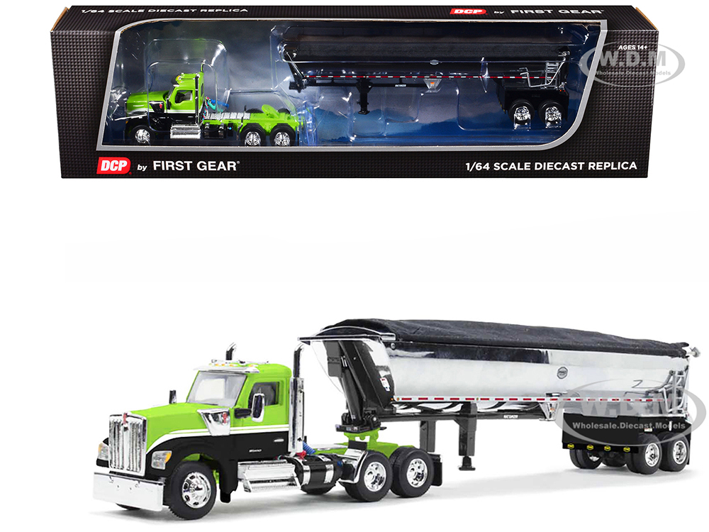 Kenworth W990 Day Cab and MAC Half-Round Tandem-Axle Dump Trailer Lime Green and Black 1/64 Diecast Model by DCP/First Gear