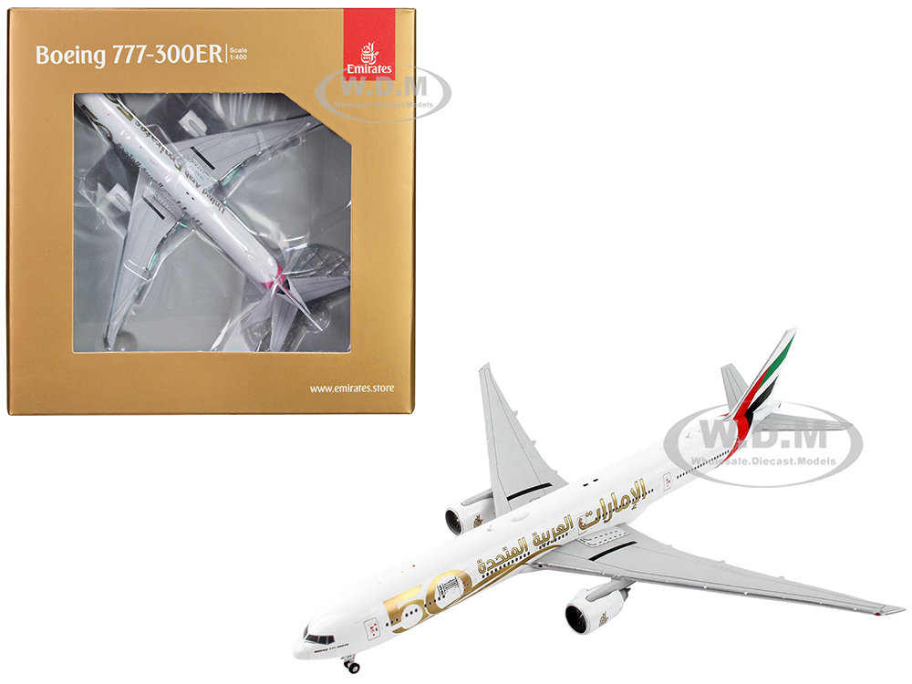 Boeing 777-300ER Commercial Aircraft "Emirates Airlines - UAE 50th Anniversary" White with Gold Graphics 1/400 Diecast Model Airplane by GeminiJets