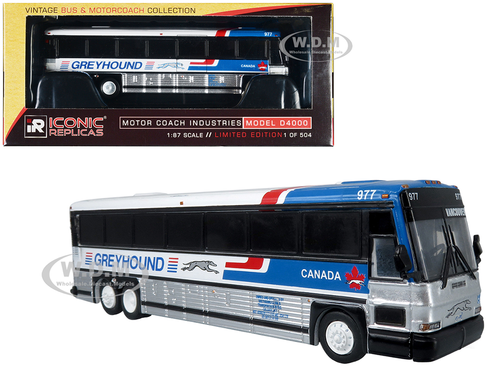 2001 MCI D4000 Coach Bus Greyhound Canada Blue and White with Red Stripes Vintage Bus &amp; Motorcoach Collection Limited Edition to 504 pieces Worldwide 1/87 (HO) Diecast Model by Iconic Replicas