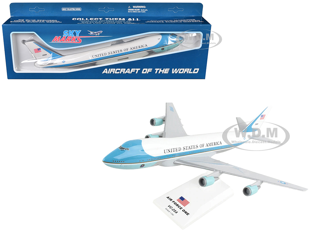 Boeing VC-25A Transport Aircraft Air Force One - United States of America (29000) White with Blue Stripes (Snap-Fit) 1/250 Plastic Model by Skymarks