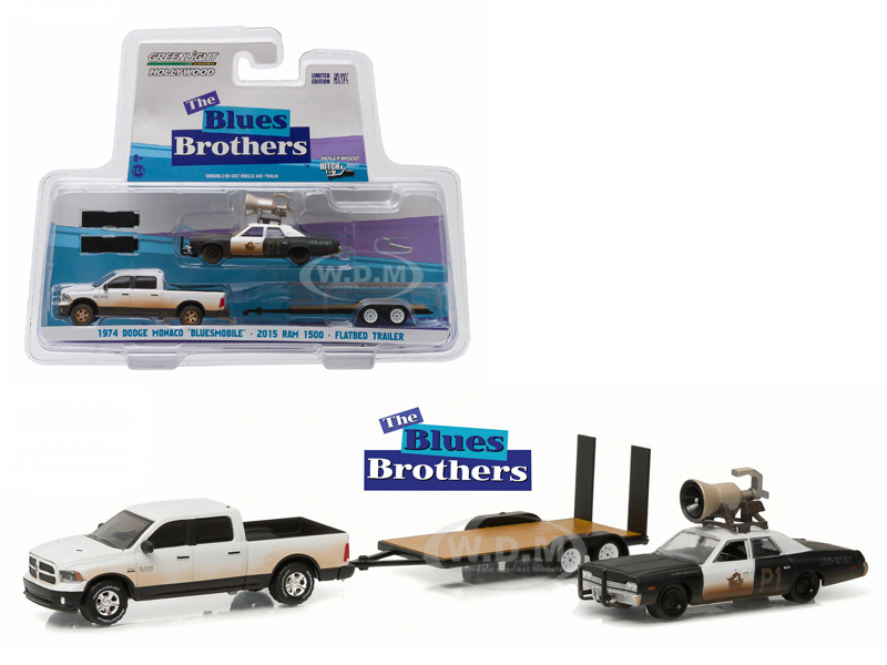 2015 Dodge Ram And 1974 Dodge Monaco "bluesmobile" On Flatbed Trailer "blues Brothers" Movie (1980) 1/64 Diecast Model Cars By Greenlight