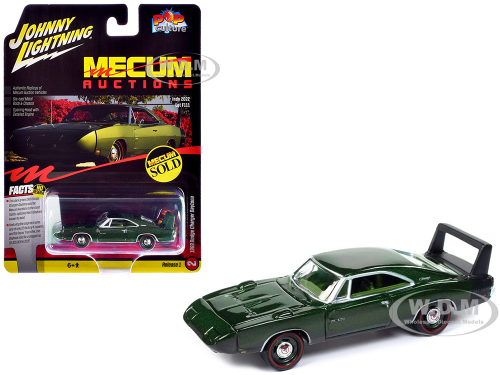 1969 Dodge Charger Daytona Dark Green Metallic with Green Interior Mecum Auctions Pop Culture 2024 Release 1 1/64 Diecast Model Car by Johnny Lightning