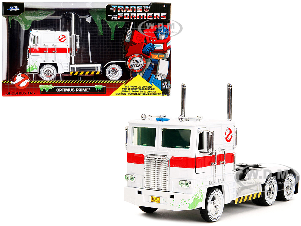 G1 Autobot Optimus Prime Truck White with Robot on Chassis from Transformers TV Series - Ghostbusters (1984) Movie Crossover Hollywood Rides Series 1/24 Diecast Model by Jada