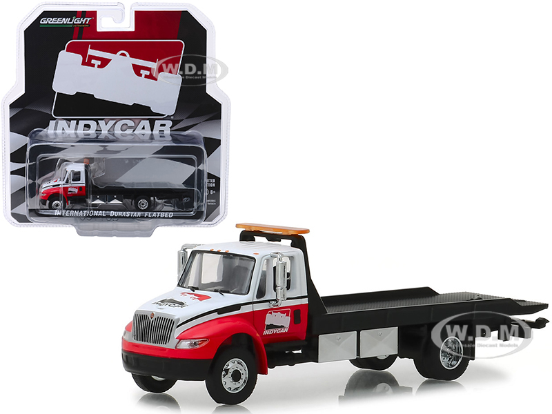 International Durastar Flatbed Truck White And Red "indycar Series" Hobby Exclusive 1/64 Diecast Model By Greenlight