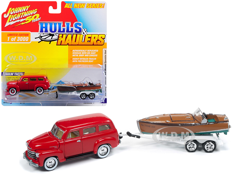 1950 Chevrolet Suburban Red With Vintage Wooden Speedster Boat Limited Edition To 3000 Pieces Worldwide "hulls & Haulers" Series 1 1/64 Diecast M