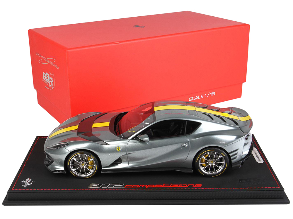 2021 Ferrari 812 Competizione Grigio Coburn Gray Metallic with Yellow Stripe with DISPLAY CASE Limited Edition to 600 pieces Worldwide 1/18 Model Car by BBR