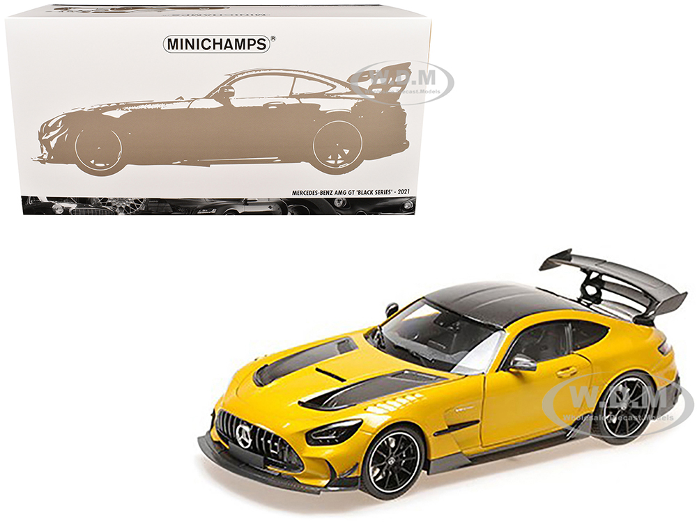 2021 Mercedes-Benz AMG GT Black Series Solarbeam Yellow Metallic with Black Top and Hood Stripes 1/18 Diecast Model Car by Minichamps