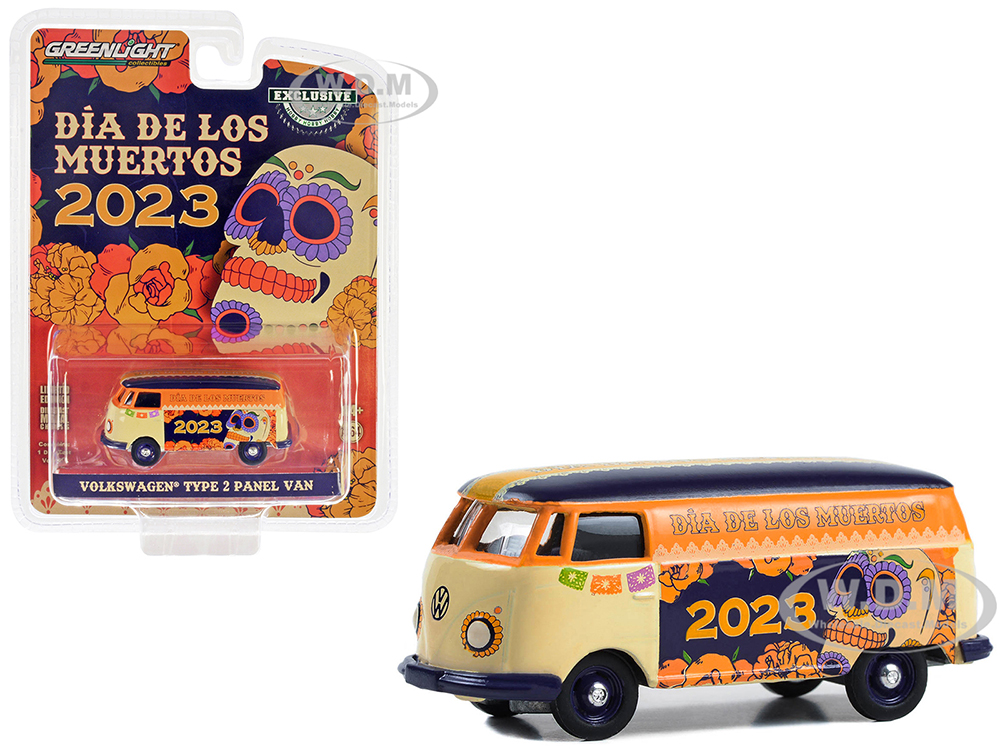 Volkswagen Type 2 Panel Van Beige and Orange with Blue Top Dia de los Muertos 2023 Hobby Exclusive Series 1/64 Diecast Model Car by Greenlight