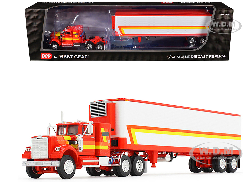 White Western Star 4900 with 36 Vintage Flat Top Sleeper and Wilson 40 Vintage Refridgerated Trailer Red and White with Stripes 1/64 Diecast Model by DCP/First Gear