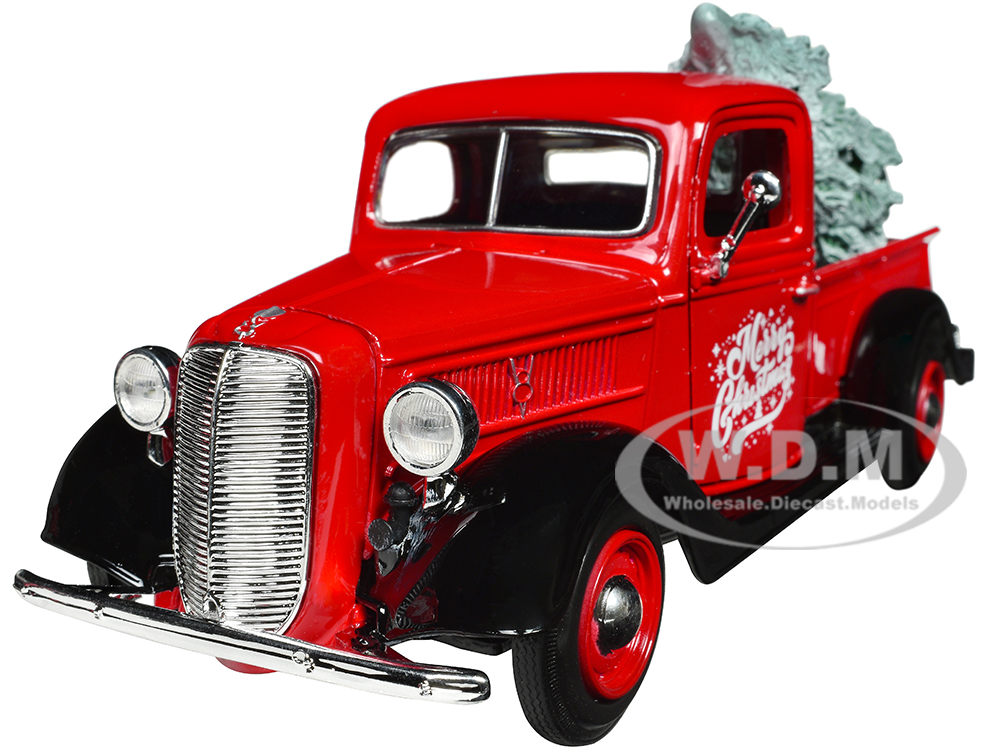 1937 Ford Pickup Truck Red and Black Merry Christmas with Tree Accessory 1/24 Diecast Model Car by Motormax