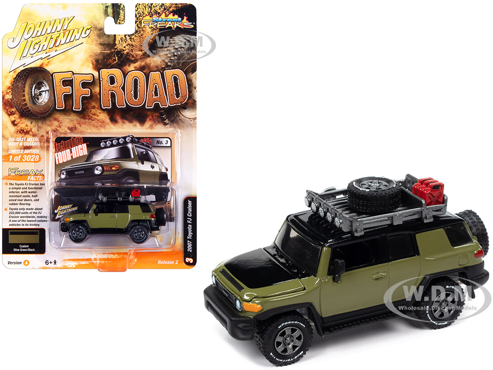 2007 Toyota FJ Cruiser Furlough the Four-High Olive Green with Black Hood and Top and Roof Rack Off Road Limited Edition to 3028 pieces Worldwide Street Freaks Series 1/64 Diecast Model Car by Johnny Lightning