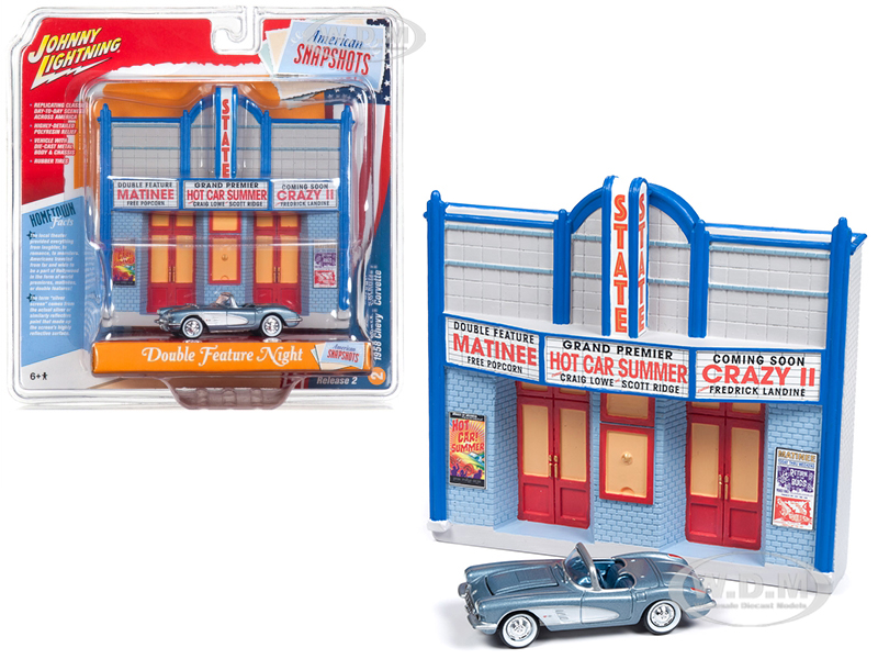 1958 Chevrolet Corvette Convertible Blue and Resin Movie Theater Facade Double Feature Night 1/64 Diecast Model by Johnny Lightning