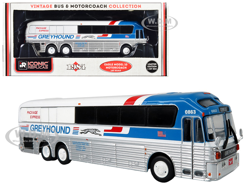 1984 Eagle Model 10 Motorcoach Bus Greyhound Package Express White and Blue Vintage Bus & Motorcoach Collection Limited Edition to 504 pieces Worldwide 1/87 (HO) Diecast Model by Iconic Replicas