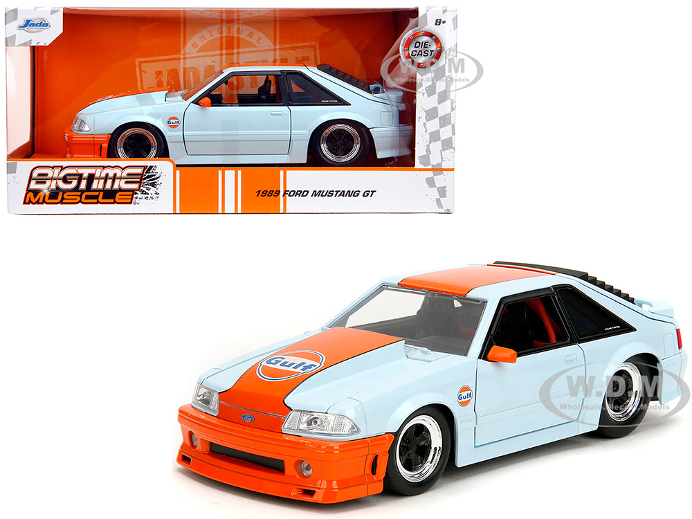 1989 Ford Mustang GT Gulf Oil Light Blue with Orange Stripe Bigtime Muscle Series 1/24 Diecast Model Car by Jada