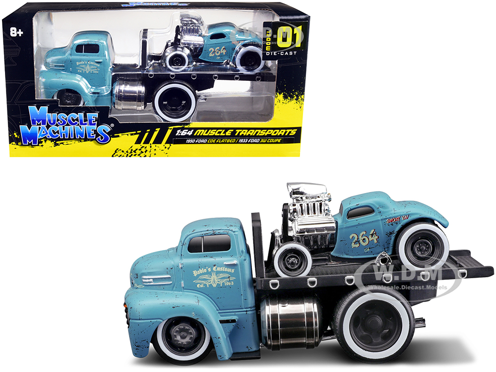 1950 Ford COE Flatbed Truck and 1933 Ford 3W Coupe #264 Matt Light Blue with Graphics (Weathered) Pablos Customs Muscle Transports Series 1/64 Diecast Model Cars by Muscle Machines