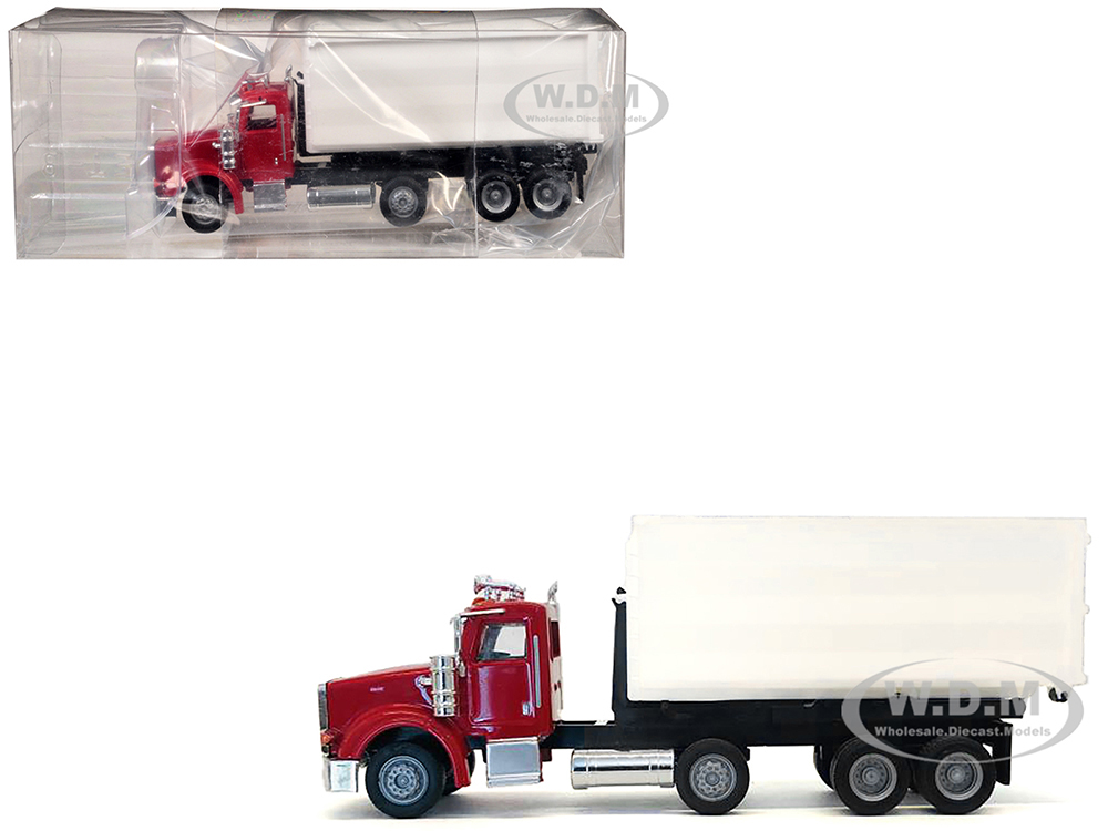 Peterbilt 367 Roll-Off Dump Truck Red with White Box 1/87 (HO) Plastic Model Car by Promotex