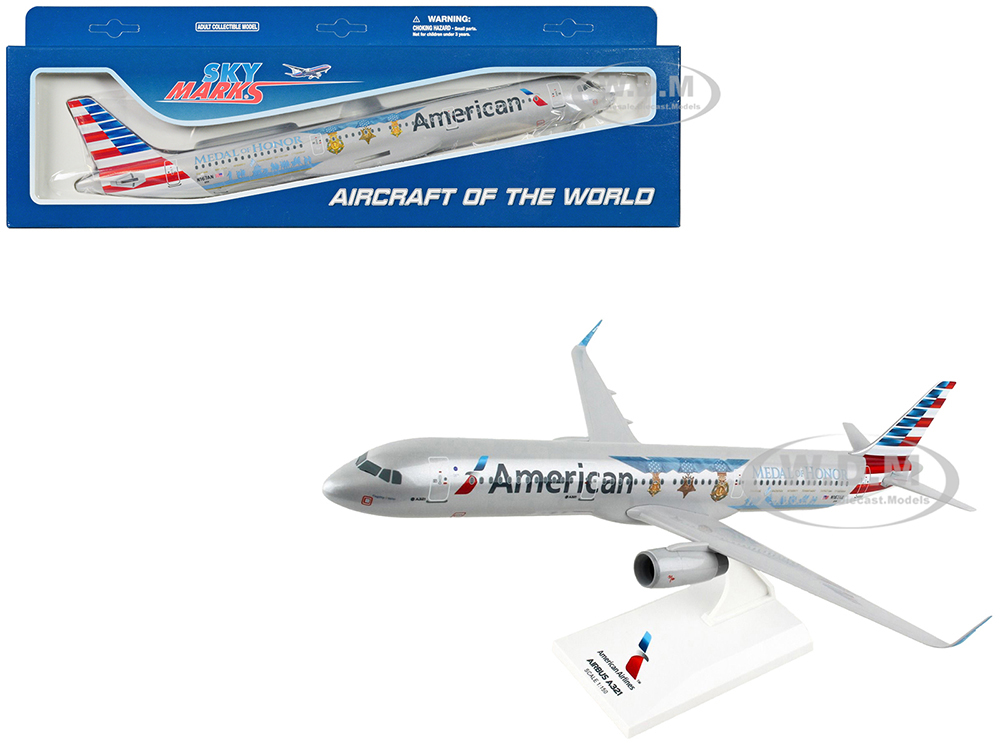 Airbus A321 Commercial Aircraft American Airlines - Medal of Honor (N167AN) Gray with Red and Blue Tail (Snap-Fit) 1/150 Plastic Model by Skymarks