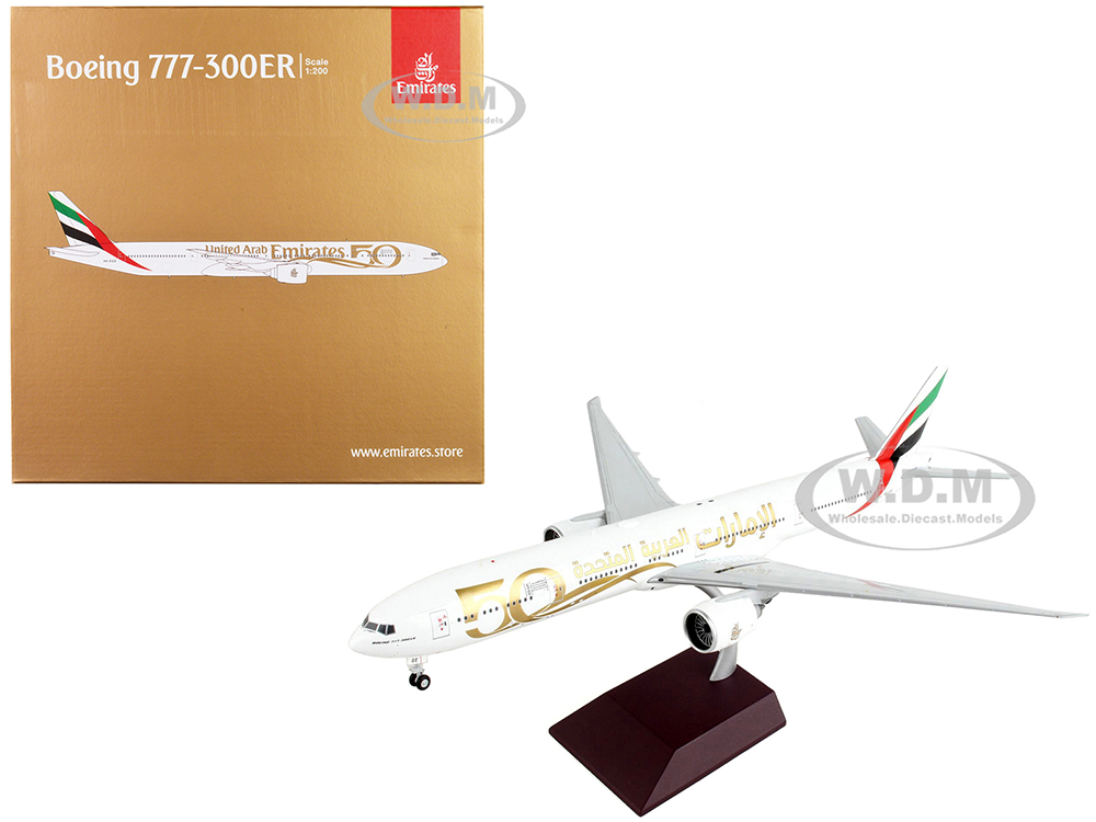 Boeing 777-300ER Commercial Aircraft "Emirates Airlines - 50th Anniversary of UAE" White with Striped Tail "Gemini 200" Series 1/200 Diecast Model Ai