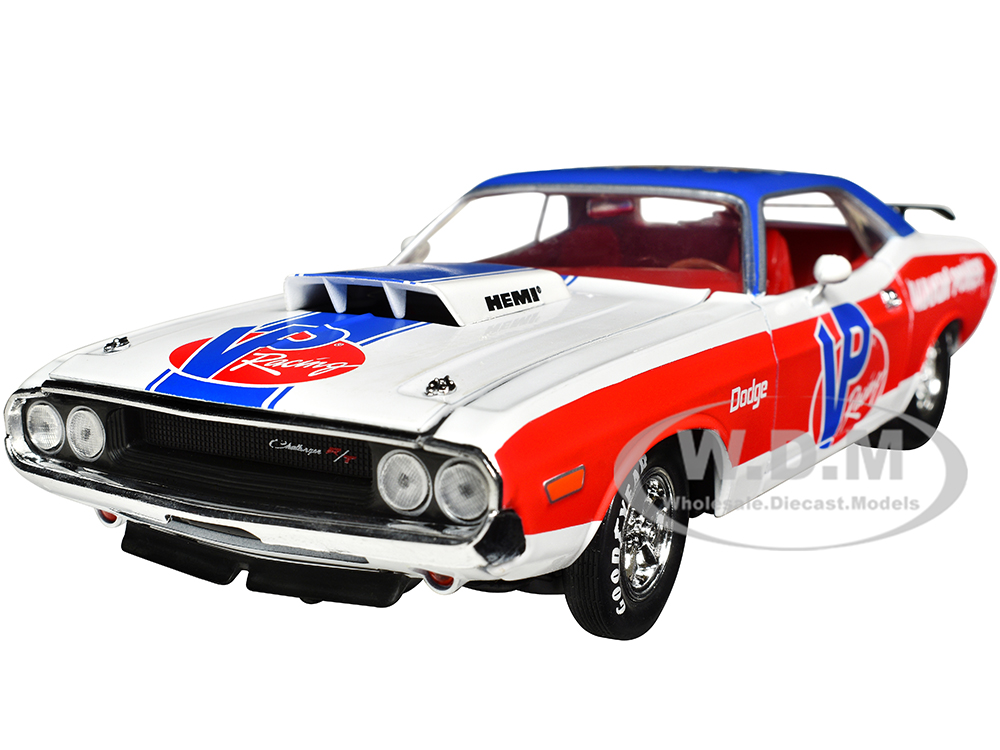 1970 Dodge Challenger R/T Hemi White with Red and Blue Stripes with Red Interior VP Racing Limited Edition to 5710 pieces Worldwide 1/24 Diecast Model Car by M2 Machines