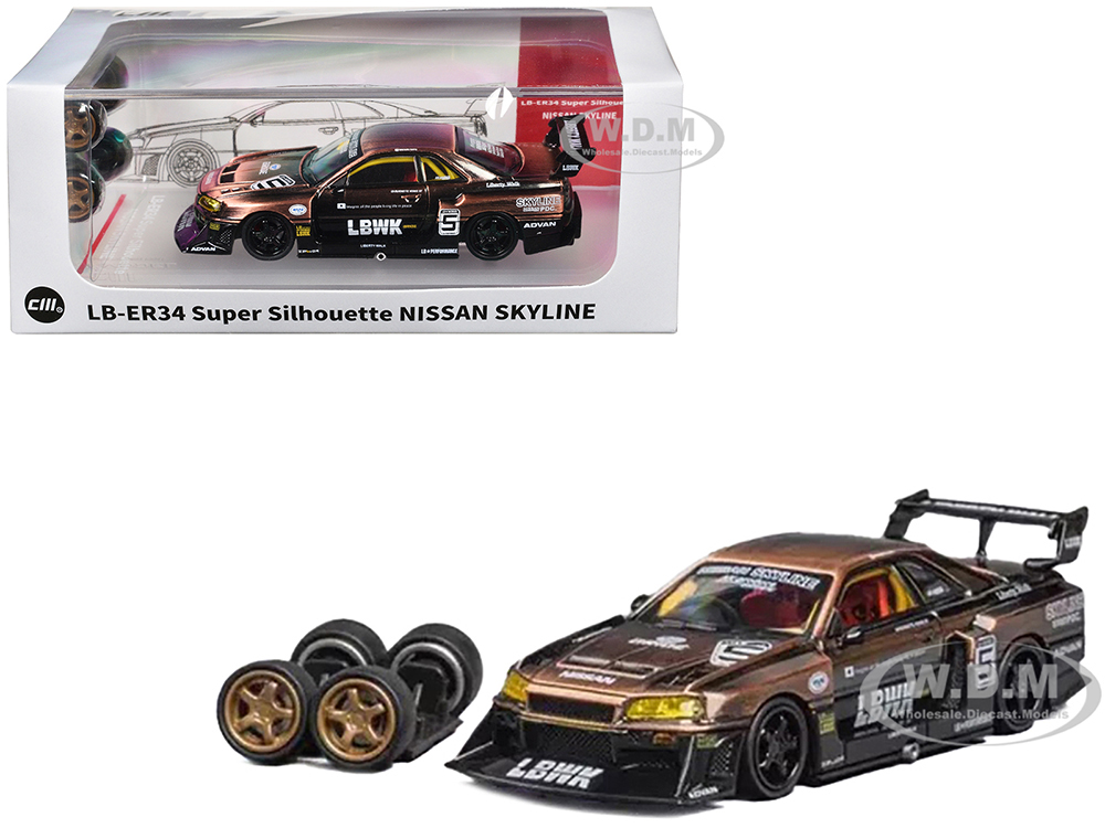 Nissan Skyline LB-ER34 Super Silhouette RHD (Right Hand Drive) #5 Brushed Bronze and Black with Extra Wheels 1/64 Diecast Model Car by CM Models