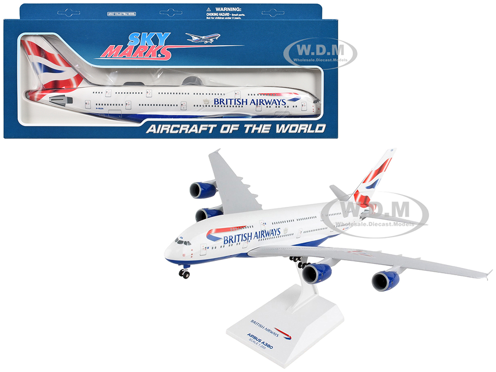 Airbus A380 Commercial Aircraft with Landing Gear British Airways (G-XLEA) White with Tail Graphics (Snap-Fit) 1/200 Plastic Model by Skymarks