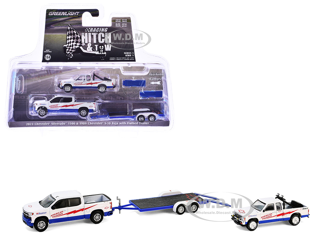 2023 Chevrolet Silverado 1500 Pickup Truck White and 1989 Chevrolet S-10 Baja Pickup Truck White with Flatbed Trailer American Thunder Racing Hitch & Tow Series 5 1/64 Diecast Model Car by Greenlight