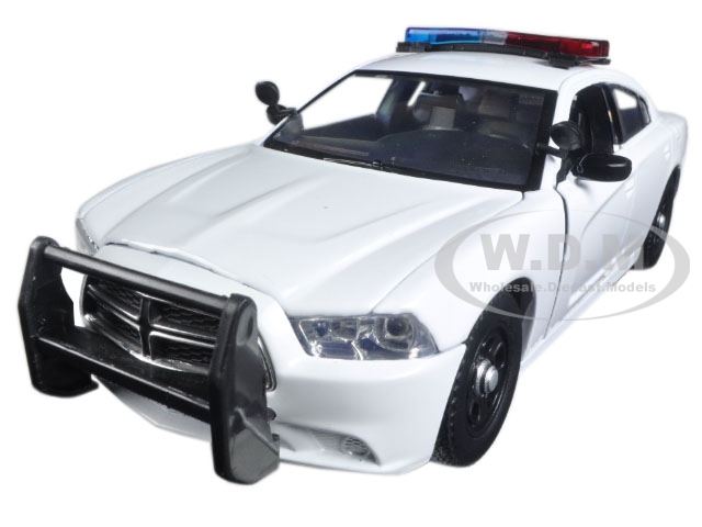 2011 Dodge Charger Pursuit Police Car White With Flashing Light Bar Front And Rear Lights And 2 Sounds 1/24 Diecast Model Car By Motormax