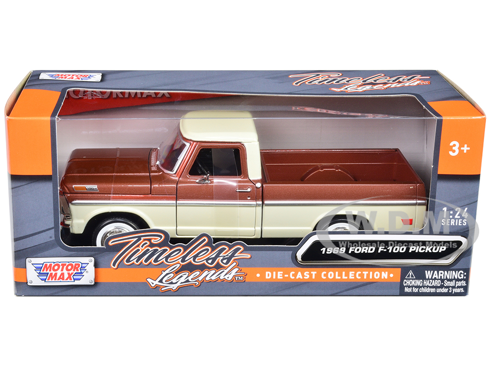 1969 Ford F-100 Pickup Truck Brown Metallic and Cream Timeless Legends 1/24 Diecast Model Car by Motormax