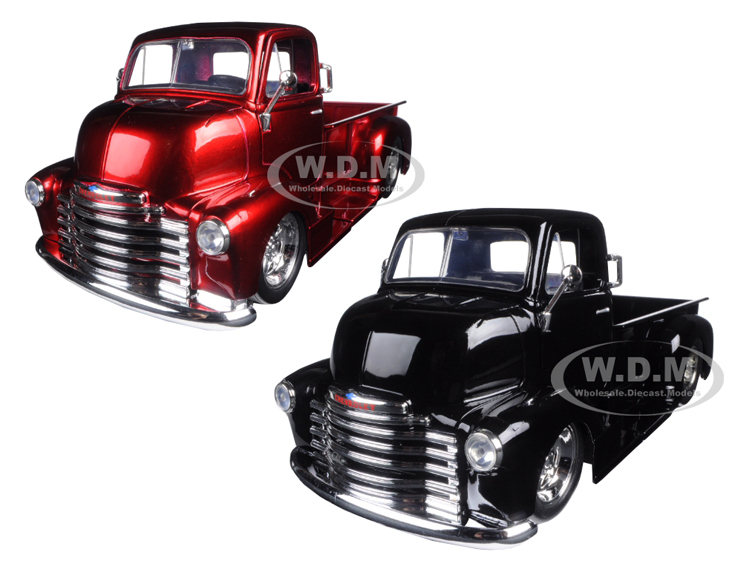 1952 Chevrolet Coe Pickup Truck Black & Red With Chrome Wheels 2 Trucks Set 1/24 Diecast Models By Jada
