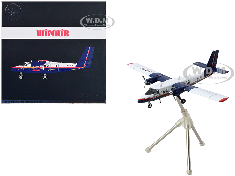 De Havilland DHC-6-300 Commercial Aircraft with Flaps Down Winair White and Blue with Red Stripes Gemini 200 Series 1/200 Diecast Model Airplane by GeminiJets