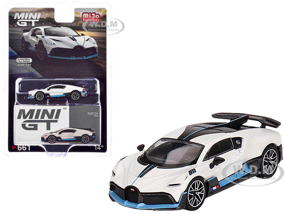 Bugatti Divo White with Carbon Top and Blue Stripes Limited Edition to 3600 pieces Worldwide 1/64 Diecast Model Car by Mini GT