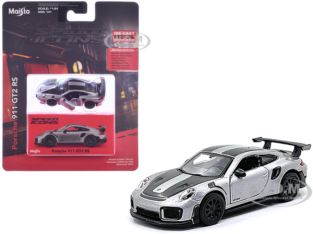 Porsche 911 GT2 RS Silver Metallic with Carbon Stripes "Speed Icons" Series 1/64 Diecast Model Car by Maisto