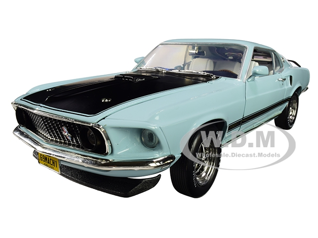 1969 Ford Mustang Mach 1 Aztec Aqua Light Blue With Black Hood "class Of 1969" Limited Edition 1/18 Diecast Model Car By Autoworld