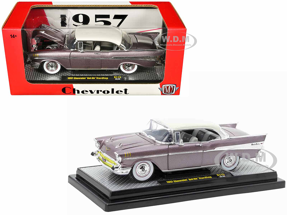 1957 Chevrolet Bel Air Hardtop Purple Metallic with Cream Top Limited Edition to 6250 pieces Worldwide 1/24 Diecast Model Car by M2 Machines