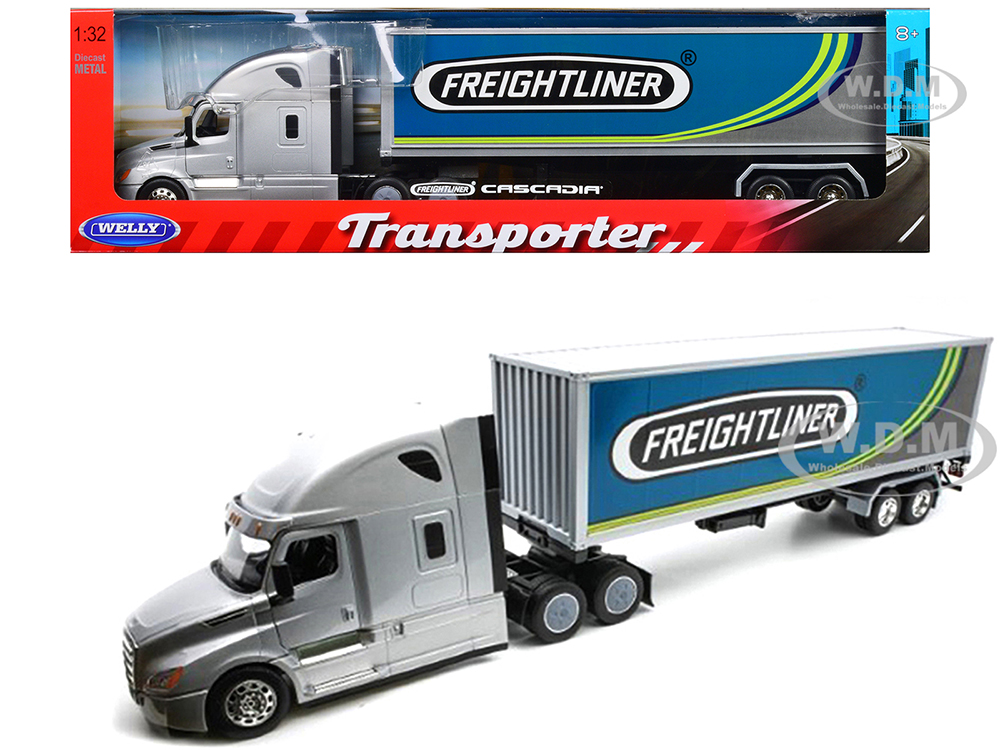 Freightliner Cascadia Truck Silver Metallic with Freightliner Container 1/32 Diecast Model by Welly